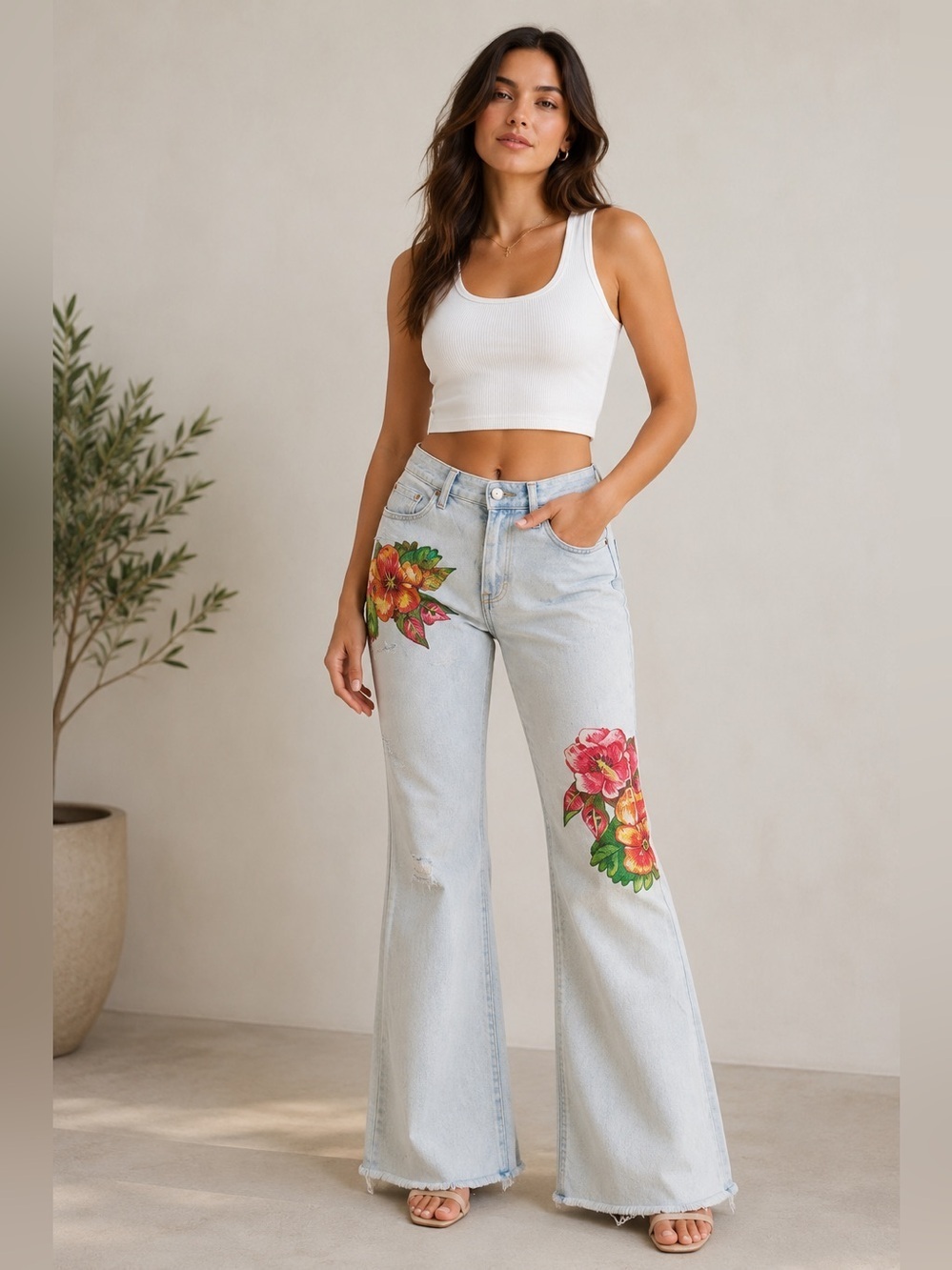 Roberto Cavalli Just Cavalli Floral Embellished Light Wash Flare Jeans 30x32